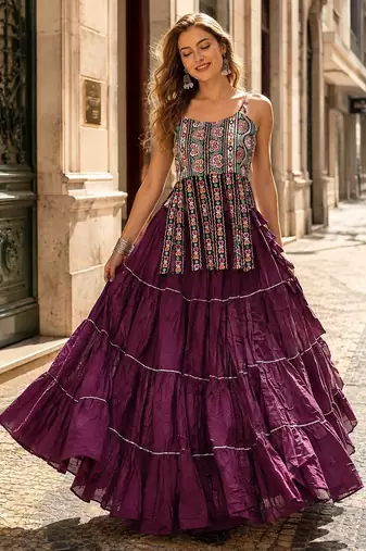 Purple Cotton Readymade Navratri Lehenga Choli with Kutchi & Patchework