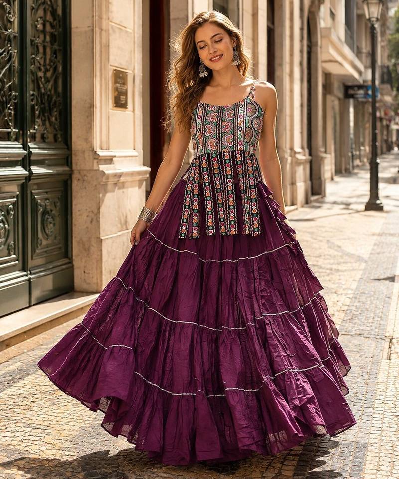 Purple Cotton Readymade Navratri Lehenga Choli with Kutchi & Patchework
