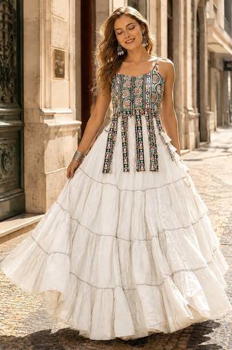 White Cotton Readymade Navratri Lehenga Choli with Kutchi & Patchework