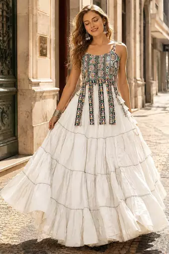 White Cotton Readymade Navratri Lehenga Choli with Kutchi & Patchework