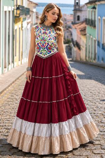 Maroon Rayon Readymade Navratri Lehenga Choli with Kutchi Work