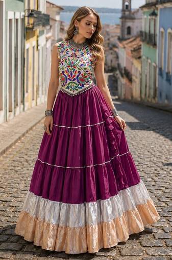 Purple Rayon Readymade Navratri Lehenga Choli with Kutchi Work