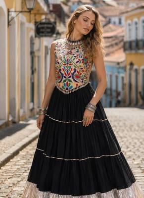 Black Rayon Readymade Navratri Lehenga Choli with Kutchi Work 1