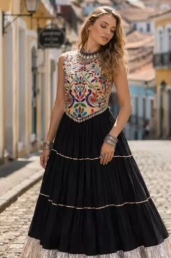 Black Rayon Readymade Navratri Lehenga Choli with Kutchi Work