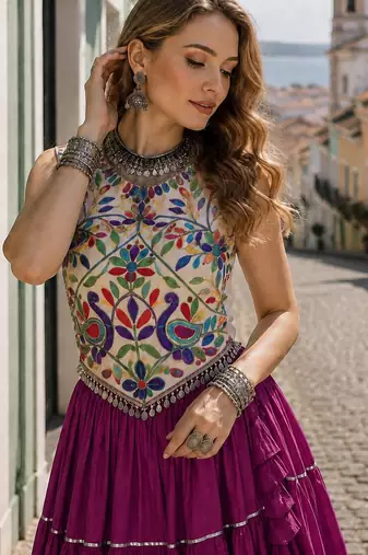 Purple Rayon Readymade Navratri Lehenga Choli with Kutchi Work
