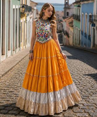 Yellow Rayon Readymade Navratri Lehenga Choli with Kutchi Work 1