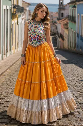 Yellow Rayon Readymade Navratri Lehenga Choli with Kutchi Work