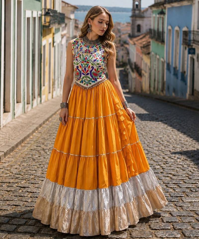 Yellow Rayon Readymade Navratri Lehenga Choli with Kutchi Work
