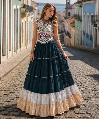 D Green Rayon Readymade Navratri Lehenga Choli with Kutchi Work 1