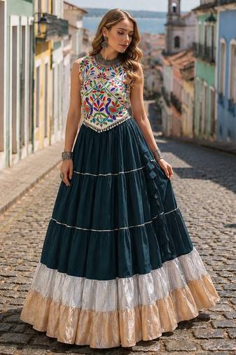 D Green Rayon Readymade Navratri Lehenga Choli with Kutchi Work