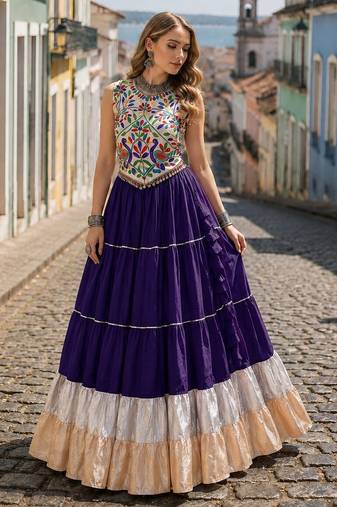 Violet Rayon Readymade Navratri Lehenga Choli with Kutchi Work