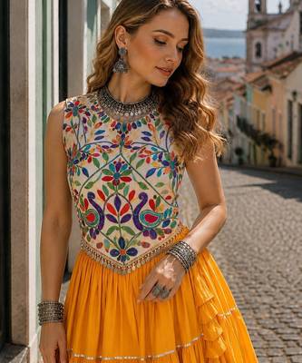 Yellow Rayon Readymade Navratri Lehenga Choli with Kutchi Work 3