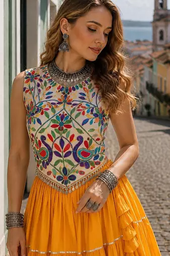 Yellow Rayon Readymade Navratri Lehenga Choli with Kutchi Work