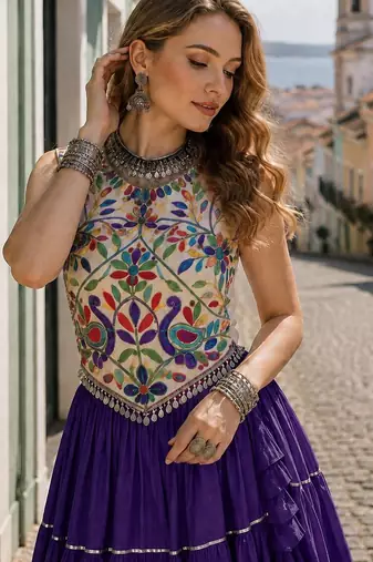 Violet Rayon Readymade Navratri Lehenga Choli with Kutchi Work