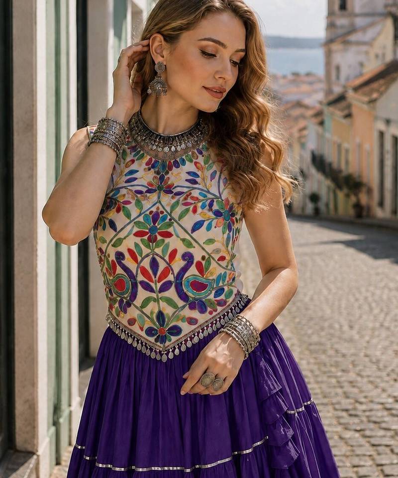 Violet Rayon Readymade Navratri Lehenga Choli with Kutchi Work