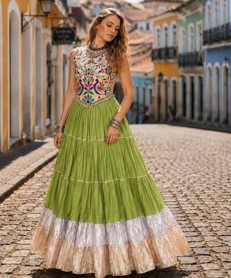 Green Rayon Readymade Navratri Lehenga Choli with Kutchi Work 1