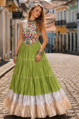 Green Rayon Readymade Navratri Lehenga Choli with Kutchi Work