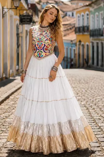 White Rayon Readymade Navratri Lehenga Choli with Kutchi Work