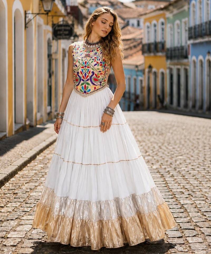 White Rayon Readymade Navratri Lehenga Choli with Kutchi Work