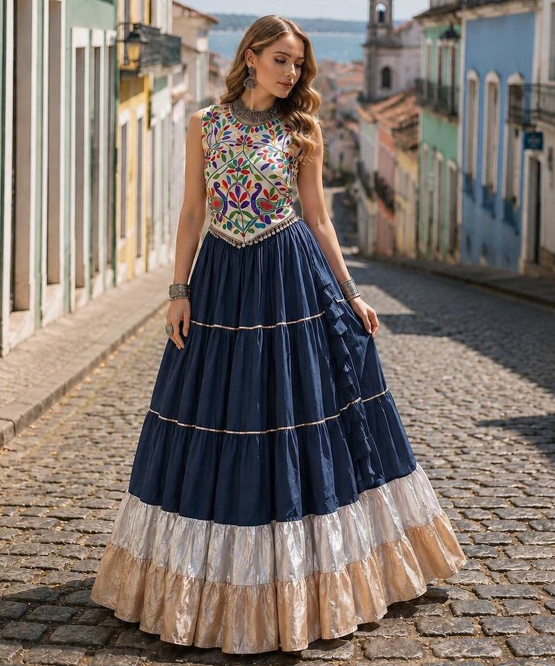 Teal Rayon Readymade Navratri Lehenga Choli with Kutchi Work