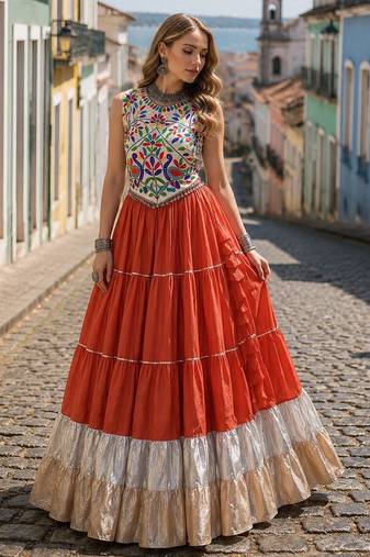 Rust Rayon Readymade Navratri Lehenga Choli with Kutchi Work