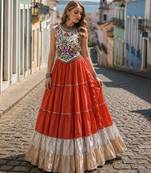 Rust Rayon Readymade Navratri Lehenga Choli with Kutchi Work
