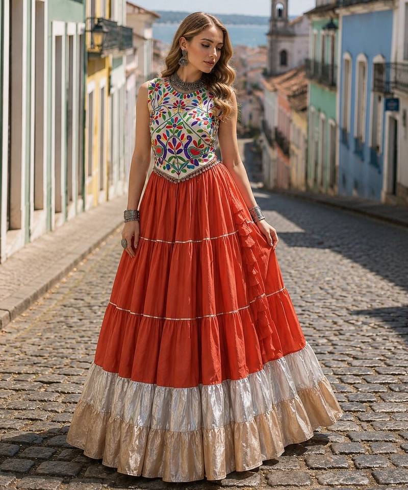 Rust Rayon Readymade Navratri Lehenga Choli with Kutchi Work