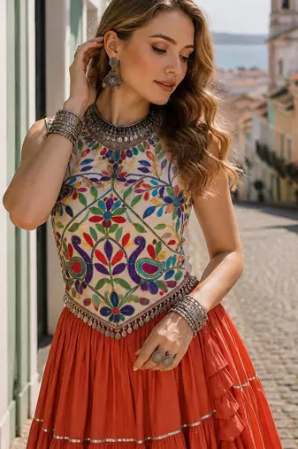 Rust Rayon Readymade Navratri Lehenga Choli with Kutchi Work