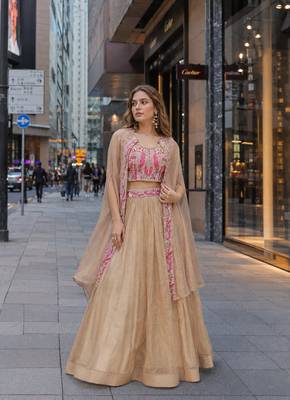 Cream Silk Readymade Lehenga Choli with Embroidery & Beards Work 1