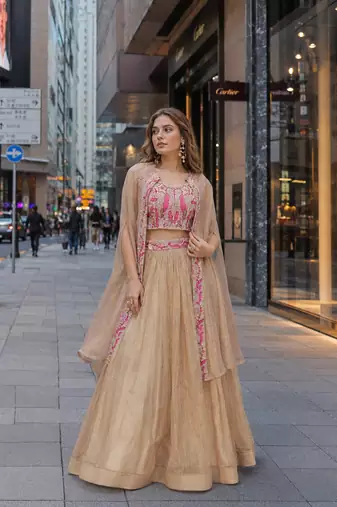 Cream Silk Readymade Lehenga Choli with Embroidery & Beards Work