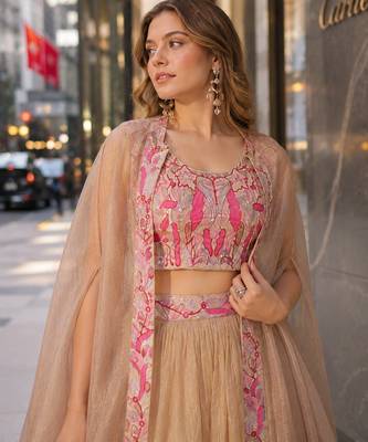 Cream Silk Readymade Lehenga Choli with Embroidery & Beards Work 2