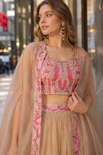 Cream Silk Readymade Lehenga Choli with Embroidery & Beards Work