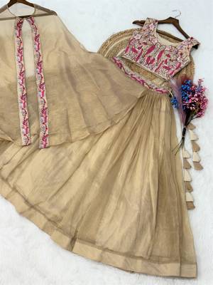Cream Silk Readymade Lehenga Choli with Embroidery & Beards Work 3