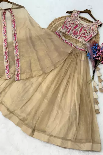 Cream Silk Readymade Lehenga Choli with Embroidery & Beards Work