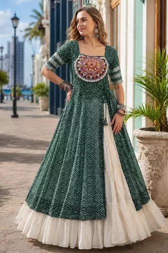 Mehendi&White Cotton Readymade Navratri Lehenga Choli with Bandhej & Patchework