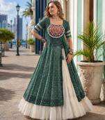 Mehendi&White Cotton Readymade Navratri Lehenga Choli with Bandhej & Patchework