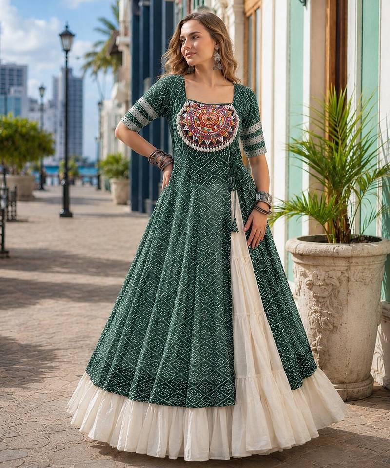 Mehendi&White Cotton Readymade Navratri Lehenga Choli with Bandhej & Patchework