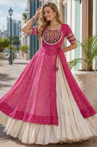 Rani&White Cotton Readymade Navratri Lehenga Choli with Bandhej & Patchework