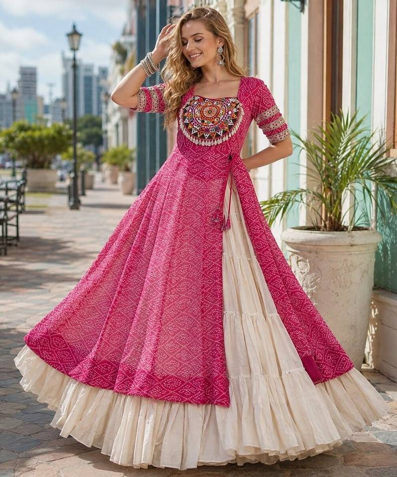 Rani&White Cotton Readymade Navratri Lehenga Choli with Bandhej & Patchework