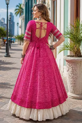 Rani&White Cotton Readymade Navratri Lehenga Choli with Bandhej & Patchework