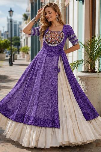 Violet&White Cotton Readymade Navratri Lehenga Choli with Bandhej & Patchework