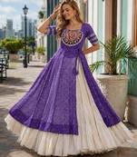 Violet&White Cotton Readymade Navratri Lehenga Choli with Bandhej & Patchework