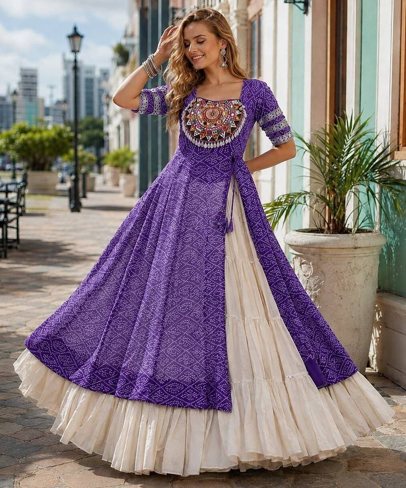 Violet&White Cotton Readymade Navratri Lehenga Choli with Bandhej & Patchework
