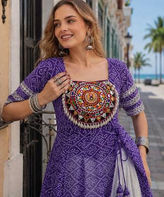 Violet&White Cotton Readymade Navratri Lehenga Choli with Bandhej & Patchework 2