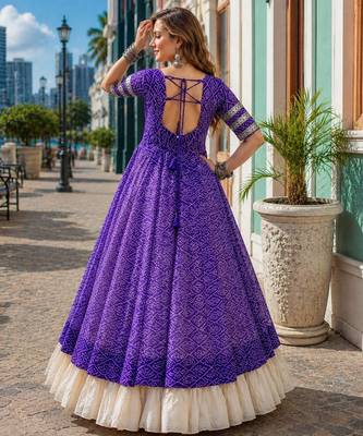 Violet&White Cotton Readymade Navratri Lehenga Choli with Bandhej & Patchework 3