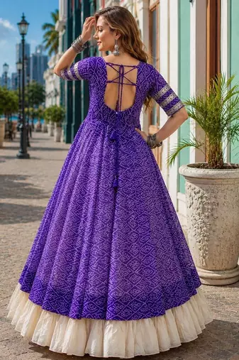 Violet&White Cotton Readymade Navratri Lehenga Choli with Bandhej & Patchework