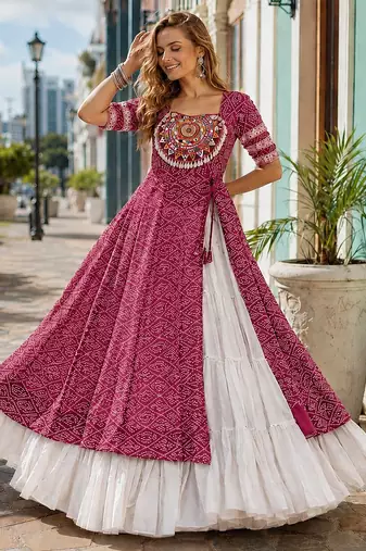 Maroon&White Cotton Readymade Navratri Lehenga Choli with Bandhej & Patchework