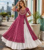 Maroon&White Cotton Readymade Navratri Lehenga Choli with Bandhej & Patchework