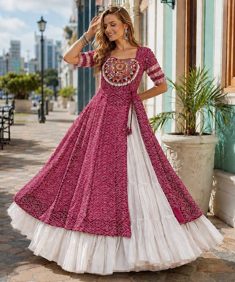 Maroon&White Cotton Readymade Navratri Lehenga Choli with Bandhej & Patchework