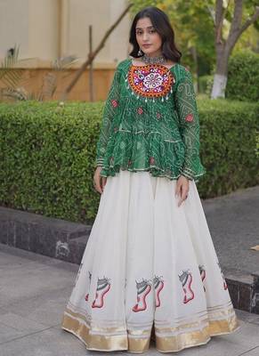 kora cotton bandhani lehenga choli with gota lace & kutchi gamthi patchwork - full stitched free size 1